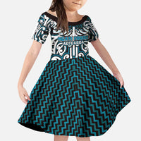 Custom Aotearoa Ngati Porou Family Matching Off Shoulder Short Dress and Hawaiian Shirt Maori Tribal Pattern Mix Poutama LT05 Daughter's Dress Blue - Polynesian Pride