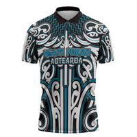 Custom Aotearoa Ngati Porou Zipper Polo Shirt Maori Tribal Pattern Mix Poutama LT05 Blue - Polynesian Pride