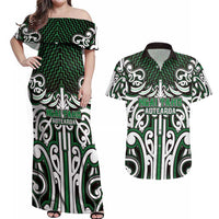 Custom Aotearoa Ngai Tahu Couples Matching Off Shoulder Maxi Dress and Hawaiian Shirt Maori Tribal Pattern Mix Poutama LT05 Green - Polynesian Pride