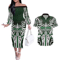 Custom Aotearoa Ngai Tahu Couples Matching Off The Shoulder Long Sleeve Dress and Hawaiian Shirt Maori Tribal Pattern Mix Poutama LT05 Green - Polynesian Pride