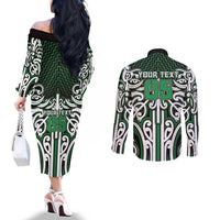 Custom Aotearoa Ngai Tahu Couples Matching Off The Shoulder Long Sleeve Dress and Long Sleeve Button Shirt Maori Tribal Pattern Mix Poutama LT05 - Polynesian Pride