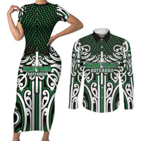 Custom Aotearoa Ngai Tahu Couples Matching Short Sleeve Bodycon Dress and Long Sleeve Button Shirt Maori Tribal Pattern Mix Poutama LT05 Green - Polynesian Pride