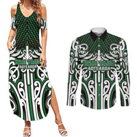 Custom Aotearoa Ngai Tahu Couples Matching Summer Maxi Dress and Long Sleeve Button Shirt Maori Tribal Pattern Mix Poutama LT05 Green - Polynesian Pride