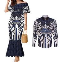 Custom Aotearoa Ngati Tuwharetoa Couples Matching Mermaid Dress and Long Sleeve Button Shirt Maori Tribal Pattern Mix Poutama LT05 Navy - Polynesian Pride