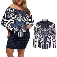Custom Aotearoa Ngati Tuwharetoa Couples Matching Off Shoulder Short Dress and Long Sleeve Button Shirt Maori Tribal Pattern Mix Poutama LT05 Navy - Polynesian Pride