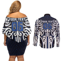 Custom Aotearoa Ngati Tuwharetoa Couples Matching Off Shoulder Short Dress and Long Sleeve Button Shirt Maori Tribal Pattern Mix Poutama LT05 - Polynesian Pride
