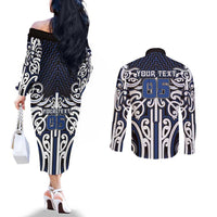Custom Aotearoa Ngati Tuwharetoa Couples Matching Off The Shoulder Long Sleeve Dress and Long Sleeve Button Shirt Maori Tribal Pattern Mix Poutama LT05 - Polynesian Pride