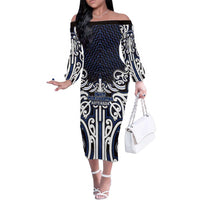 Custom Aotearoa Ngati Tuwharetoa Family Matching Off The Shoulder Long Sleeve Dress and Hawaiian Shirt Maori Tribal Pattern Mix Poutama LT05 Mom's Dress Navy - Polynesian Pride