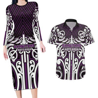 Custom Aotearoa Rangitane Couples Matching Long Sleeve Bodycon Dress and Hawaiian Shirt Maori Tribal Pattern Mix Poutama LT05 Purple - Polynesian Pride