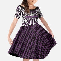 Custom Aotearoa Rangitane Family Matching Off Shoulder Short Dress and Hawaiian Shirt Maori Tribal Pattern Mix Poutama LT05 Daughter's Dress Purple - Polynesian Pride