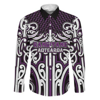 Custom Aotearoa Rangitane Family Matching Summer Maxi Dress and Hawaiian Shirt Maori Tribal Pattern Mix Poutama LT05 Dad's Shirt - Long Sleeve Purple - Polynesian Pride