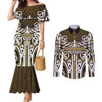 Custom Aotearoa Taranaki Couples Matching Mermaid Dress and Long Sleeve Button Shirt Maori Tribal Pattern Mix Poutama LT05 Yellow - Polynesian Pride