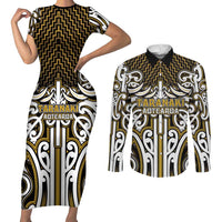 Custom Aotearoa Taranaki Couples Matching Short Sleeve Bodycon Dress and Long Sleeve Button Shirt Maori Tribal Pattern Mix Poutama LT05 Yellow - Polynesian Pride