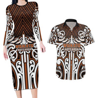 Custom Aotearoa Waikato Couples Matching Long Sleeve Bodycon Dress and Hawaiian Shirt Maori Tribal Pattern Mix Poutama LT05 Orange - Polynesian Pride