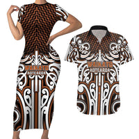 Custom Aotearoa Waikato Couples Matching Short Sleeve Bodycon Dress and Hawaiian Shirt Maori Tribal Pattern Mix Poutama LT05 Orange - Polynesian Pride