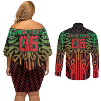 Custom Aotearoa Tuhoe Couples Matching Off Shoulder Short Dress and Long Sleeve Button Shirt Maori Tribal Pattern Mix Poutama