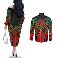 Custom Aotearoa Tuhoe Couples Matching Off The Shoulder Long Sleeve Dress and Long Sleeve Button Shirt Maori Tribal Pattern Mix Poutama LT05 - Polynesian Pride