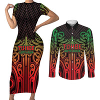 Custom Aotearoa Tuhoe Couples Matching Short Sleeve Bodycon Dress and Long Sleeve Button Shirt Maori Tribal Pattern Mix Poutama LT05 Black - Polynesian Pride