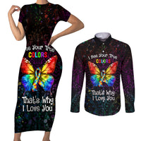 I See Your True Colors Personalised Couples Matching Short Sleeve Bodycon Dress and Long Sleeve Button Shirt Autism Awareness LT05 Black - Polynesian Pride