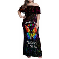 I See Your True Colors Personalised Family Matching Off Shoulder Maxi Dress and Hawaiian Shirt Autism Awareness LT05 Mom's Dress Black - Polynesian Pride