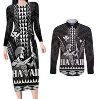 Personalised Hawaii Happy King Kamehameha Day Couples Matching Long Sleeve Bodycon Dress and Long Sleeve Button Shirt Kakau Pattern LT05 Black - Polynesian Pride