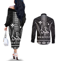 Personalised Hawaii Happy King Kamehameha Day Couples Matching Off The Shoulder Long Sleeve Dress and Long Sleeve Button Shirt Kakau Pattern LT05 - Polynesian Pride