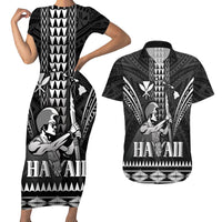 Personalised Hawaii Happy King Kamehameha Day Couples Matching Short Sleeve Bodycon Dress and Hawaiian Shirt Kakau Pattern LT05 Black - Polynesian Pride