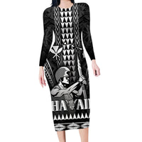 Personalised Hawaii Happy King Kamehameha Day Family Matching Long Sleeve Bodycon Dress and Hawaiian Shirt Kakau Pattern LT05 Mom's Dress Black - Polynesian Pride