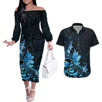 Matariki New Zealand Couples Matching Off The Shoulder Long Sleeve Dress and Hawaiian Shirt Maori Pattern Blue Galaxy LT05 Blue - Polynesian Pride