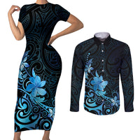Matariki New Zealand Couples Matching Short Sleeve Bodycon Dress and Long Sleeve Button Shirt Maori Pattern Blue Galaxy LT05 Blue - Polynesian Pride
