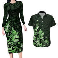 Matariki New Zealand Couples Matching Long Sleeve Bodycon Dress and Hawaiian Shirt Maori Pattern Green Galaxy LT05 Green - Polynesian Pride