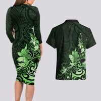 Matariki New Zealand Couples Matching Long Sleeve Bodycon Dress and Hawaiian Shirt Maori Pattern Green Galaxy LT05 - Polynesian Pride