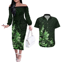 Matariki New Zealand Couples Matching Off The Shoulder Long Sleeve Dress and Hawaiian Shirt Maori Pattern Green Galaxy LT05 Green - Polynesian Pride