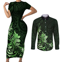 Matariki New Zealand Couples Matching Short Sleeve Bodycon Dress and Long Sleeve Button Shirt Maori Pattern Green Galaxy LT05 Green - Polynesian Pride