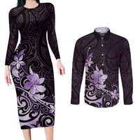 Matariki New Zealand Couples Matching Long Sleeve Bodycon Dress and Long Sleeve Button Shirt Maori Pattern Purple Galaxy LT05 Purple - Polynesian Pride