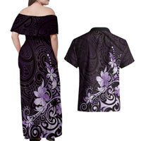 Matariki New Zealand Couples Matching Off Shoulder Maxi Dress and Hawaiian Shirt Maori Pattern Purple Galaxy LT05 - Polynesian Pride