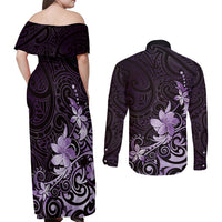 Matariki New Zealand Couples Matching Off Shoulder Maxi Dress and Long Sleeve Button Shirt Maori Pattern Purple Galaxy LT05 - Polynesian Pride