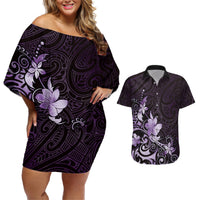 Matariki New Zealand Couples Matching Off Shoulder Short Dress and Hawaiian Shirt Maori Pattern Purple Galaxy LT05 Purple - Polynesian Pride