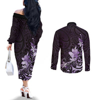 Matariki New Zealand Couples Matching Off The Shoulder Long Sleeve Dress and Long Sleeve Button Shirt Maori Pattern Purple Galaxy LT05 - Polynesian Pride