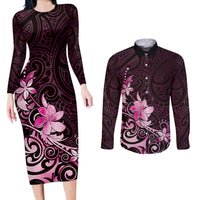 Matariki New Zealand Couples Matching Long Sleeve Bodycon Dress and Long Sleeve Button Shirt Maori Pattern Pink Galaxy LT05 Pink - Polynesian Pride