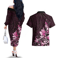 Matariki New Zealand Couples Matching Off The Shoulder Long Sleeve Dress and Hawaiian Shirt Maori Pattern Pink Galaxy LT05 - Polynesian Pride