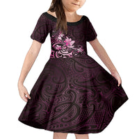 Matariki New Zealand Family Matching Off The Shoulder Long Sleeve Dress and Hawaiian Shirt Maori Pattern Pink Galaxy LT05 Daughter's Dress Pink - Polynesian Pride