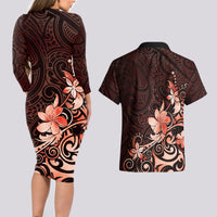 Matariki New Zealand Couples Matching Long Sleeve Bodycon Dress and Hawaiian Shirt Maori Pattern Red Galaxy LT05 - Polynesian Pride