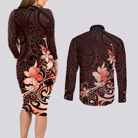 Matariki New Zealand Couples Matching Long Sleeve Bodycon Dress and Long Sleeve Button Shirt Maori Pattern Red Galaxy LT05 - Polynesian Pride