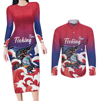 Guam Blue Marlin Fishing Couples Matching Long Sleeve Bodycon Dress and Long Sleeve Button Shirt Polynesian Style LT05 Red - Polynesian Pride