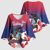 Guam Blue Marlin Fishing Kimono Sleeve Blouse Polynesian Style