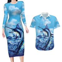 Hawaii Blue Marlin Fishing Couples Matching Long Sleeve Bodycon Dress and Hawaiian Shirt LT05 Blue - Polynesian Pride