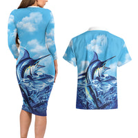 Hawaii Blue Marlin Fishing Couples Matching Long Sleeve Bodycon Dress and Hawaiian Shirt LT05 - Polynesian Pride