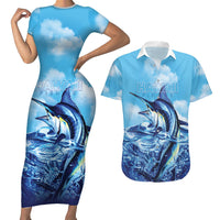 Hawaii Blue Marlin Fishing Couples Matching Short Sleeve Bodycon Dress and Hawaiian Shirt LT05 Blue - Polynesian Pride