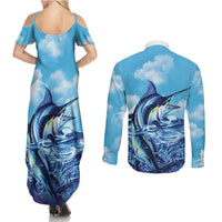 Hawaii Blue Marlin Fishing Couples Matching Summer Maxi Dress and Long Sleeve Button Shirt